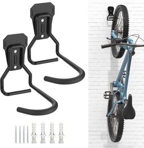 Housolution Držiak na bicykel na stenu - 2 ks L-hákov, nosnosť 35 kg, priestorovo úsporné vertikálne uskladnenie, EVA gumová ochrana, čierny