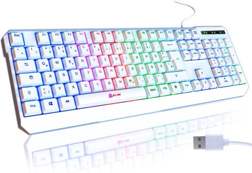 KLIM Chroma RGB Gamer Billentyűzet - Német QWERTZ, Fehér, Vízálló, Csendes Billentyűk, Tartós, Ergonomikus, USB Kábeles - PC, Mac, PS4, PS5 