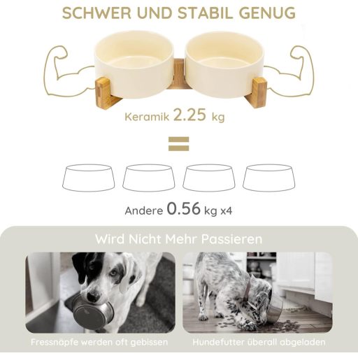 SPUNKYJUNKY Bol ceramic dublu cu suport din bambus pentru pisici și câini, 850ml, bej