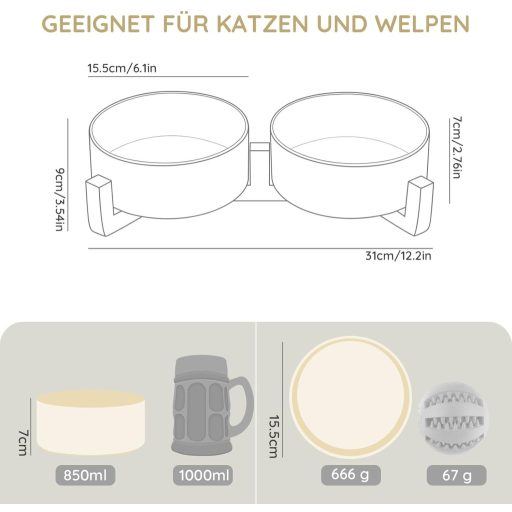 SPUNKYJUNKY Bol ceramic dublu cu suport din bambus pentru pisici și câini, 850ml, bej