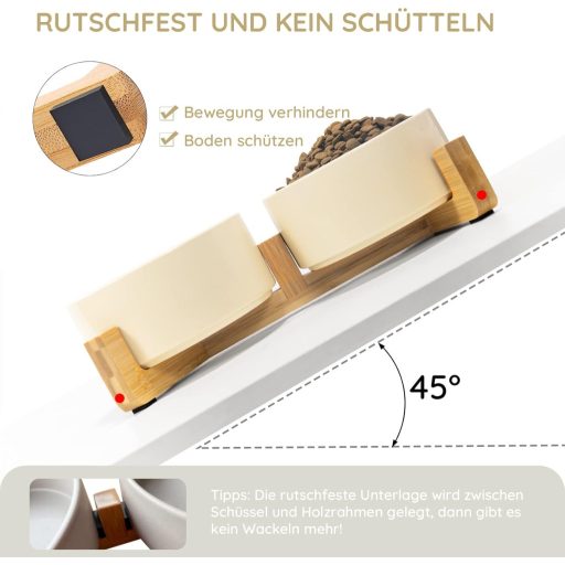 SPUNKYJUNKY Kerámia Dupla Tál Bambusz Állvánnyal Macskáknak és Kutyáknak 850ml Bézs