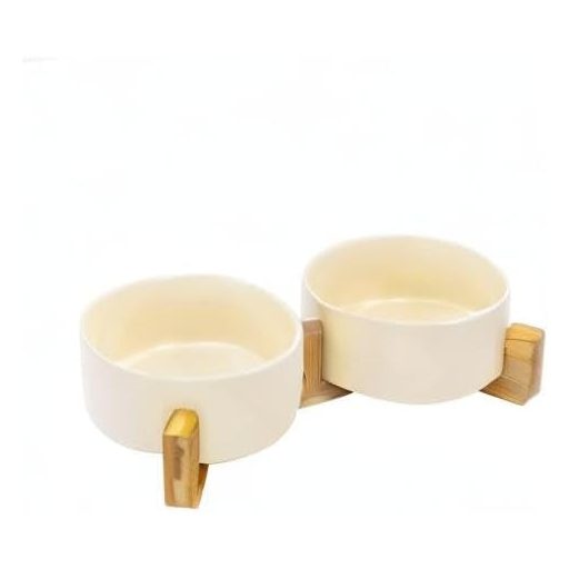 SPUNKYJUNKY Bol ceramic dublu cu suport din bambus pentru pisici și câini, 850ml, bej