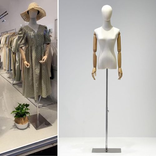 Mannequin de croitorie pentru femei Jueraori cu brațe din lemn - Înălțime reglabilă (140-190 cm), argintiu, manechin de probă pentru expoziții de haine, mărimea M, circumferința bustului 86 cm
