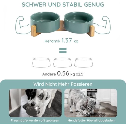 SPUNKYJUNKY Kerámia Dupla Tál Bambusz Állvánnyal Macskáknak és Kutyáknak 400ml Zöld