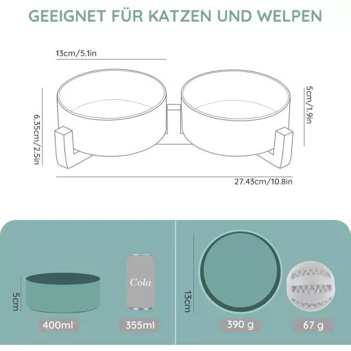 SPUNKYJUNKY Keramická dvojmiska s bambusovým stojanom pre mačky a psy 400 ml zelená