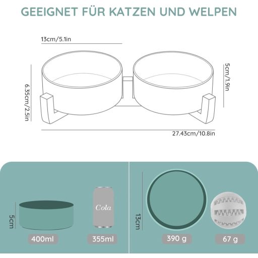 SPUNKYJUNKY Kerámia Dupla Tál Bambusz Állvánnyal Macskáknak és Kutyáknak 400ml Zöld