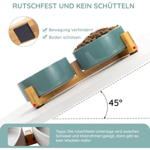 SPUNKYJUNKY Kerámia Dupla Tál Bambusz Állvánnyal Macskáknak és Kutyáknak 400ml Zöld