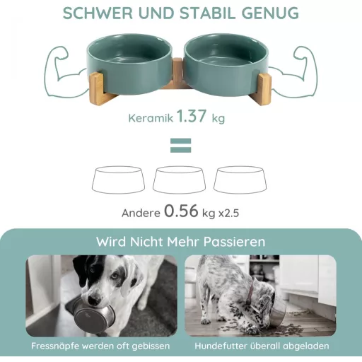 SPUNKYJUNKY Bol ceramic dublu cu suport de bambus pentru pisici și câini, 400 ml, verde