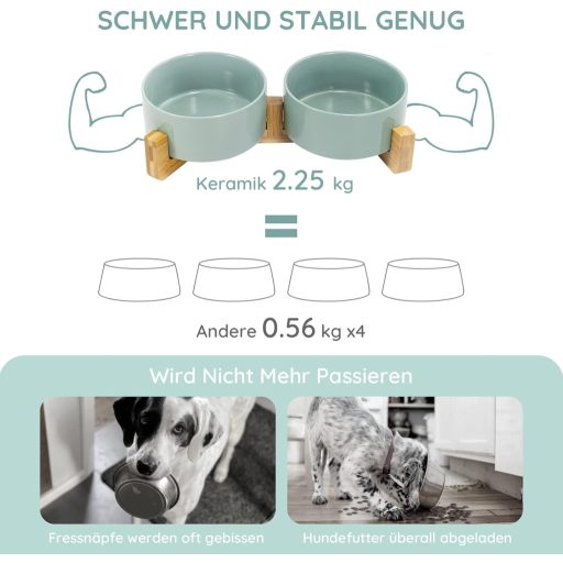 SPUNKYJUNKY Kerámia Dupla Tál Bambusz Állvánnyal Macskáknak és Kutyáknak 850ml Világoszöld