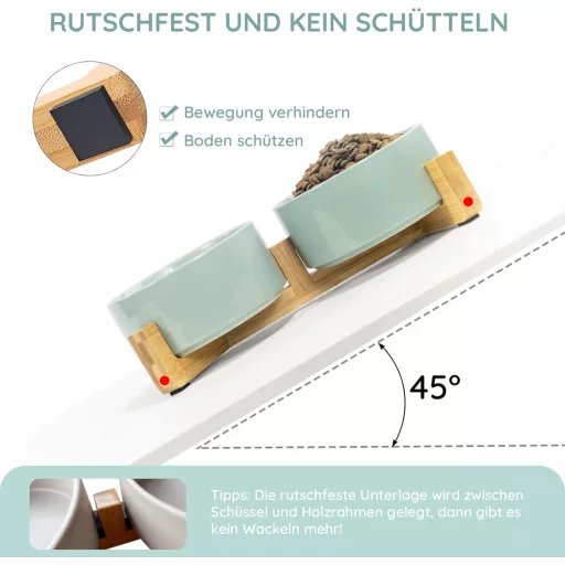 SPUNKYJUNKY Keramická dvojmiska s bambusovým stojanom pre mačky a psy 850 ml, svetlozelená