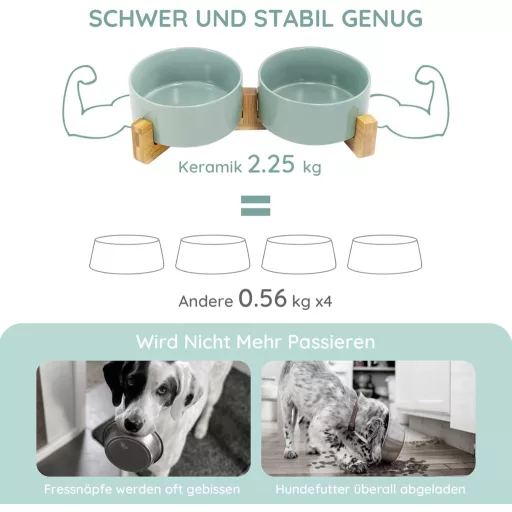 SPUNKYJUNKY Bol Ceramic Dublu cu Suport de Bambus pentru Pisici și Câini, 850ml, Verde Deschis