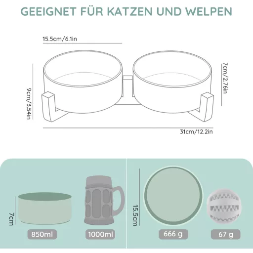 SPUNKYJUNKY Bol Ceramic Dublu cu Suport de Bambus pentru Pisici și Câini, 850ml, Verde Deschis