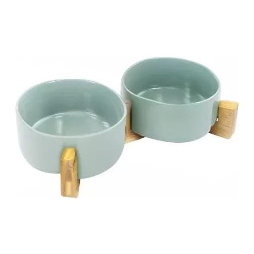 SPUNKYJUNKY Bol Ceramic Dublu cu Suport de Bambus pentru Pisici și Câini, 850ml, Verde Deschis