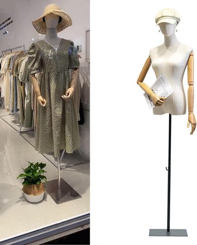 Mannequin croitorie damă cu brațe din lemn - Înălțime reglabilă (140-190cm), manechin de probă pentru expoziții de haine, torso croitorie negru, mărimea M