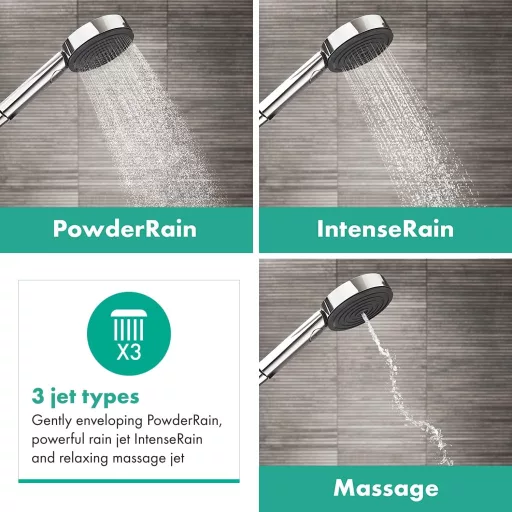 Hansgrohe Pulsify Select S Cap de duș cu economie de apă 9l/min, 3 tipuri de jet, crom, rotund (⌀105mm), cu tehnologie EcoSmart, funcție anticalcar