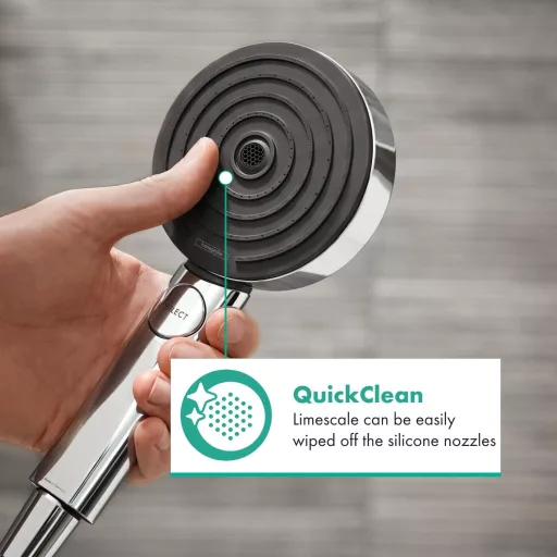 Hansgrohe Pulsify Select S Cap de duș cu economie de apă 9l/min, 3 tipuri de jet, crom, rotund (⌀105mm), cu tehnologie EcoSmart, funcție anticalcar
