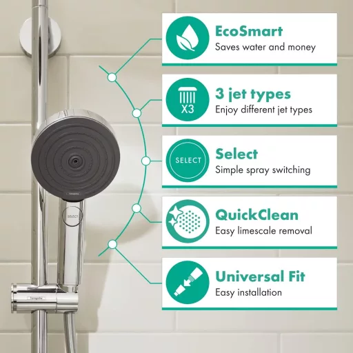 Hansgrohe Pulsify Select S Víztakarékos Zuhanyfej 9l/min, 3 Sugártípussal, Króm, Kerek (⌀105mm), EcoSmart Technológiával, Vízkőgátló Funkció