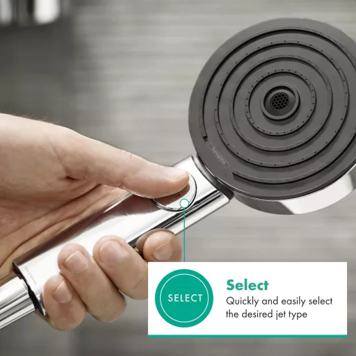 Hansgrohe Pulsify Select S Cap de duș cu economie de apă 9l/min, 3 tipuri de jet, crom, rotund (⌀105mm), cu tehnologie EcoSmart, funcție anticalcar