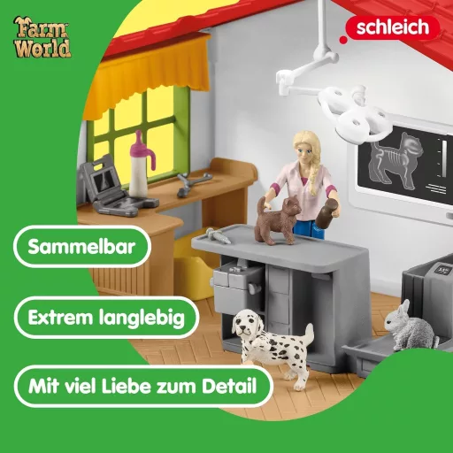 SCHLEICH Farm World Állatorvosi Rendelő Játékszett 43 Darabos - Állatorvossal, Lófigurával és Háziállatokkal, 3-8 Éves Gyerekeknek
