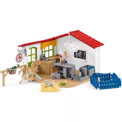 SCHLEICH Farm World Állatorvosi Rendelő Játékszett 43 Darabos - Állatorvossal, Lófigurával és Háziállatokkal, 3-8 Éves Gyerekeknek
