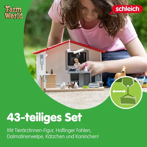 SCHLEICH Farm World Állatorvosi Rendelő Játékszett 43 Darabos - Állatorvossal, Lófigurával és Háziállatokkal, 3-8 Éves Gyerekeknek