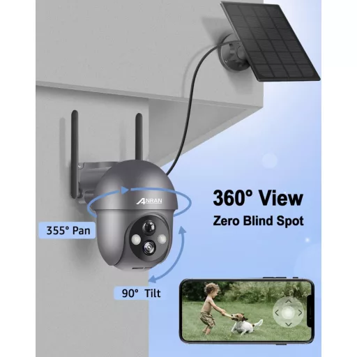 ANRAN 2K Kültéri WiFi Biztonsági Kamera 360° Forgatható Napelemes PIR Mozgásérzékelővel, Reflektorfénnyel, Kétirányú Hanggal, Éjjellátóval,