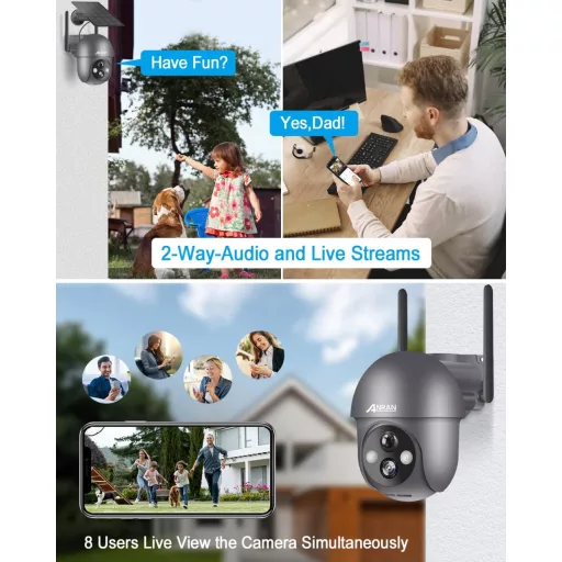 ANRAN 2K Kültéri WiFi Biztonsági Kamera 360° Forgatható Napelemes PIR Mozgásérzékelővel, Reflektorfénnyel, Kétirányú Hanggal, Éjjellátóval,