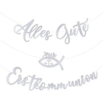   FLOFIA Ezüst Csillogó Első Szentáldozás Girland Banner Keresztelő Dekoráció