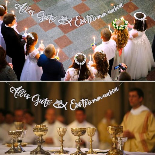 FLOFIA Ezüst Csillogó Első Szentáldozás Girland Banner Keresztelő Dekoráció