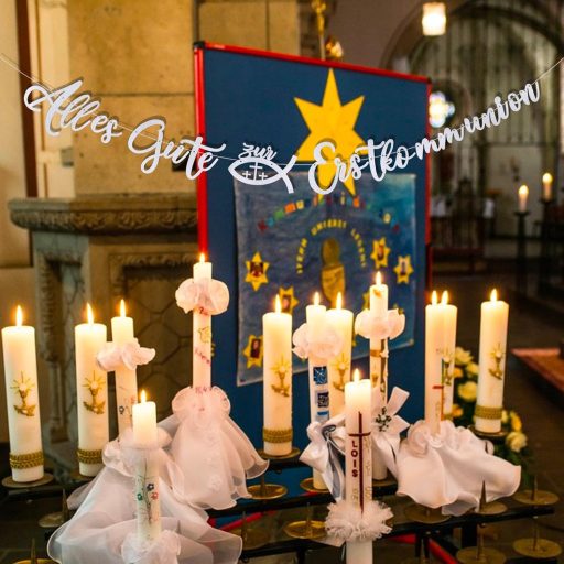 FLOFIA Ezüst Csillogó Első Szentáldozás Girland Banner Keresztelő Dekoráció