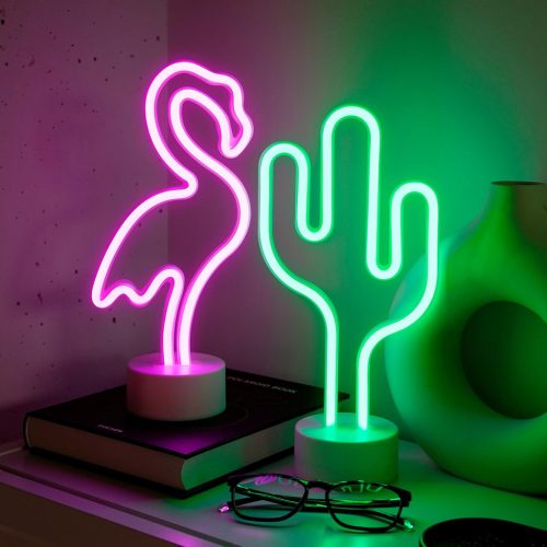 NELUX Kaktusz és Flamingó LED Neon Fali Dekoráció Szett - USB/Elemes Működés, Szobadísz, Gamer Szoba, Bár Világítás, 2 db