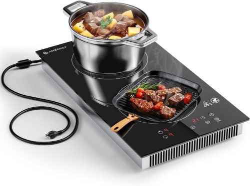AMZCHEF Domino indukciós főzőlap, 2 főzőlap, beépített indukciós főzőlap 10 teljesítményszinttel, érintőképernyős vezérléssel és gyerekzárral, fekete, 3300 W