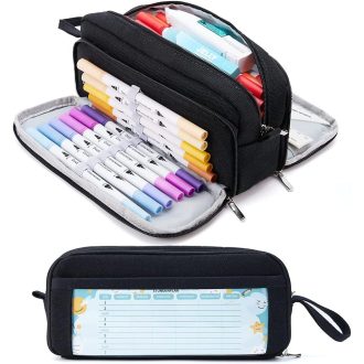   Suport pentru creioane KALIDI cu 3 compartimente, capacitate mare, negru, pentru școală și birou