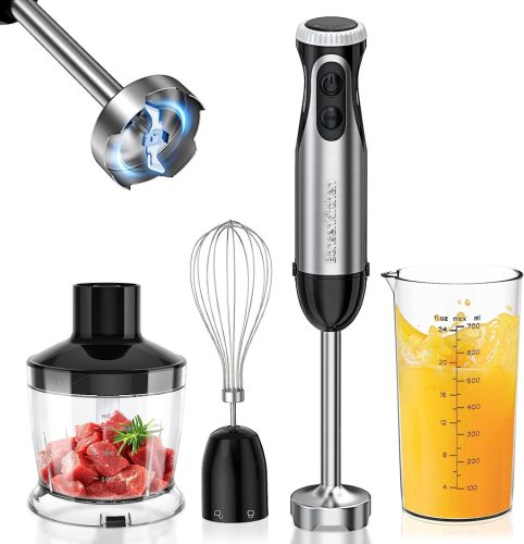 Bonsenkitchen Többfunkciós Kézi Turmixgép - 1000W, 20 Fokozat, Habverő, 500ml Aprító, 700ml Mérőpohár. Konyhai segéd: aprítás, keverés, pürésítés.