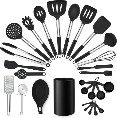 Set de 28 de ustensile de bucătărie din silicon negru HaWare