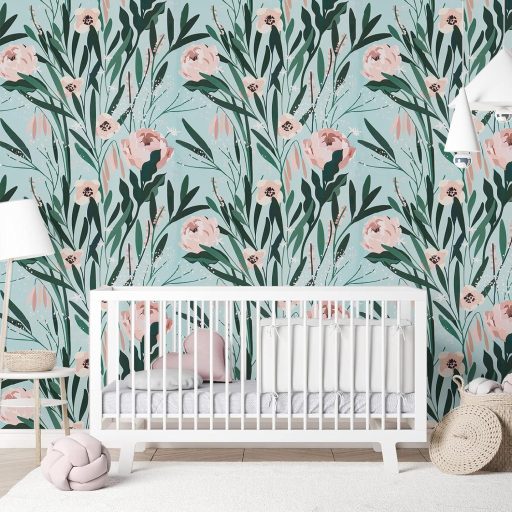 Öntapadós Rózsaszín Virágmintás Kék Tapéta 45cm×3m