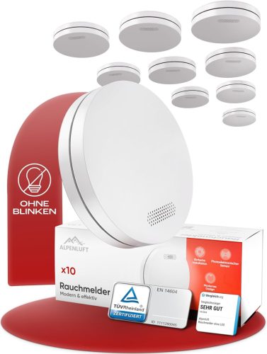 ALPENLUFT 10 db Füstérzékelő 10 Éves élettartammal- Lapos Tűzjelző LED Villogás Nélkül, Fúrás Nélkül Szerelhető, Hálószobába is Ideális, Fehér