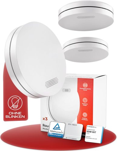 ALPENLUFT 3 db Füstérzékelő 10 Éves élettartammal- Lapos Tűzjelző Készlet Hálószobákba, LED Villogás Nélkül, Fúrás Nélküli Telepítés
