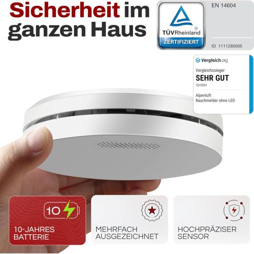 ALPENLUFT 3 db Füstérzékelő 10 Éves élettartammal- Lapos Tűzjelző Készlet Hálószobákba, LED Villogás Nélkül, Fúrás Nélküli Telepítés