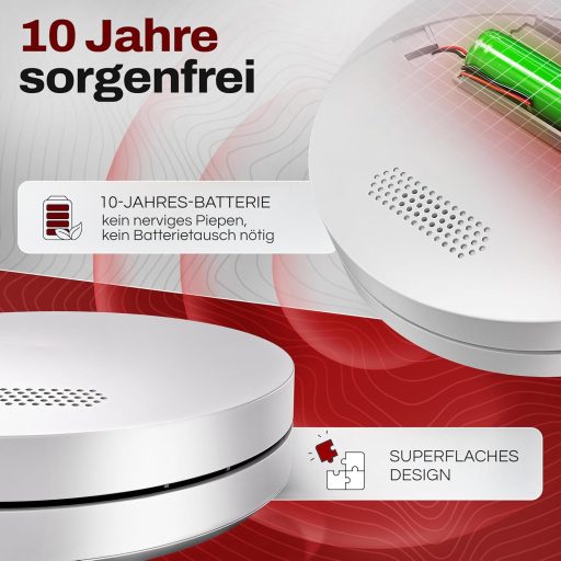 ALPENLUFT 3 db Füstérzékelő 10 Éves élettartammal- Lapos Tűzjelző Készlet Hálószobákba, LED Villogás Nélkül, Fúrás Nélküli Telepítés