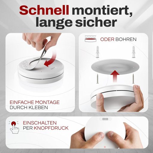 ALPENLUFT 3 db Füstérzékelő 10 Éves élettartammal- Lapos Tűzjelző Készlet Hálószobákba, LED Villogás Nélkül, Fúrás Nélküli Telepítés