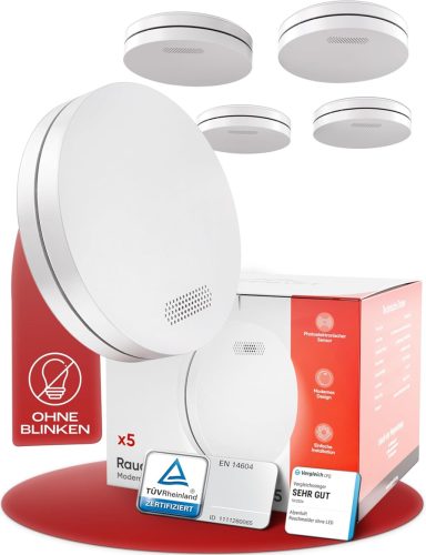ALPENLUFT 5 db Füstérzékelő 10 Éves élettartammal- Lapos Tűzjelző Készlet, Fúrás Nélkül Telepíthető, LED Villogás Mentes, Hálószobába is Ideális, 