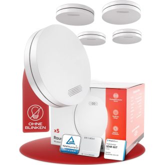   ALPENLUFT 5 db Füstérzékelő 10 Éves élettartammal- Lapos Tűzjelző Készlet, Fúrás Nélkül Telepíthető, LED Villogás Mentes, Hálószobába is Ideális,