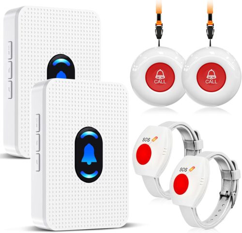 Buton de panică Daytech pentru vârstnici - Sistem de alertă medicală la domiciliu cu brățară, rază de acțiune 150m, alarmă sonoră 110dB, 2 receptoare + 2 emițătoare + 2 brățări SOS