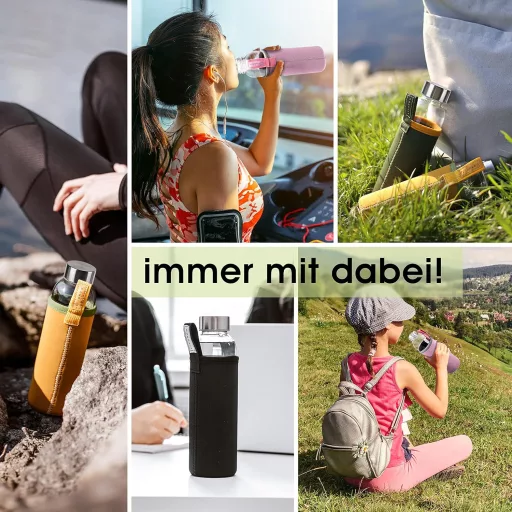 LIVONDO Üveg Kulacs 0,5 Literes Rozsdamentes Acél Csavaros Kupakkal és Neoprén Tokkal, Mosogatógépben Mosható, Sárga