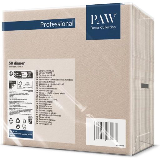 PAW Decor Collection Textilhatású Szalvéta 40x40cm 50db Bézs Esküvőhöz Keresztelőhöz