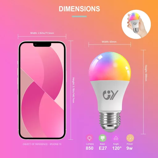 GY okos LED izzó WiFi E27 A60 9W 850 lm RGB fényerőszabályozható meleg hideg multicolor 2,4 GHz Alexa Google Home kompatibilis 6 db
