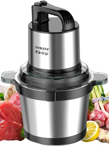 Tocător electric de bucătărie SOKANY 800W cu bol de 4L din oțel inoxidabil - Mașină de tocat carne cu 2 viteze și 4 lame pentru carne, ceapă, fructe, legume
