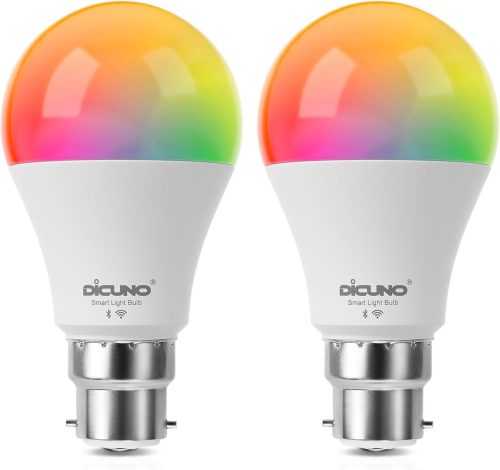 DiCUNO B22 Okos LED Izzó 9W - WiFi Vezérelhető, Melegfehér-Hidegfehér, RGBCW Színváltós, Alexa/Google Kompatibilis, Hub Nélküli, 2 db Csomag
