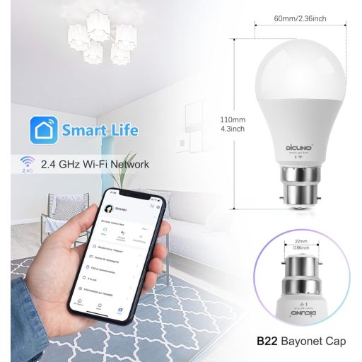 DiCUNO B22 Bec LED Inteligent 9W - Control WiFi, Alb Cald-Alb Rece, Schimbare Culoare RGBCW, Compatibil Alexa/Google, Fără Hub, Pachet de 2